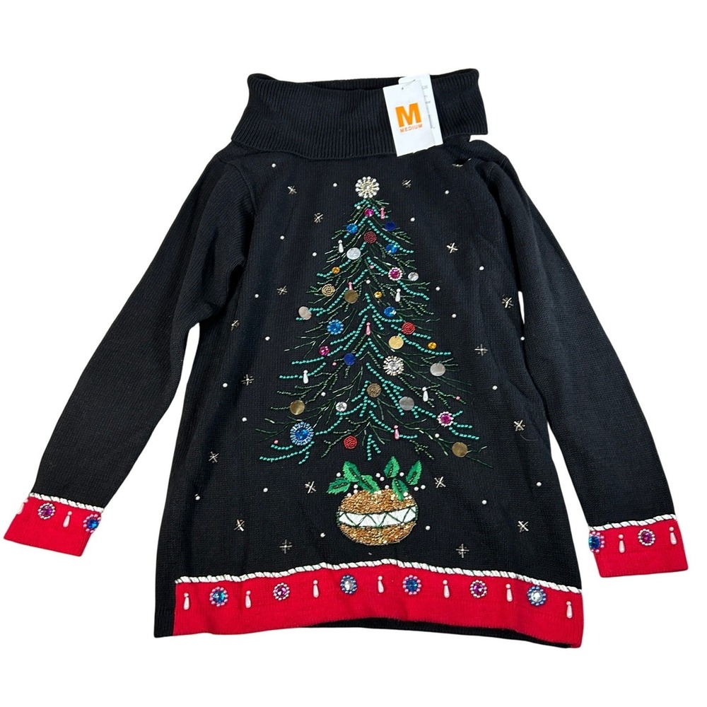 B.P. Design Womens Ugly Christmas Sweater Black Beaded Tree Cowl Neck Medium NEW